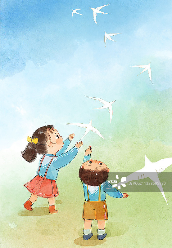 儿童放白鸽插画图片素材