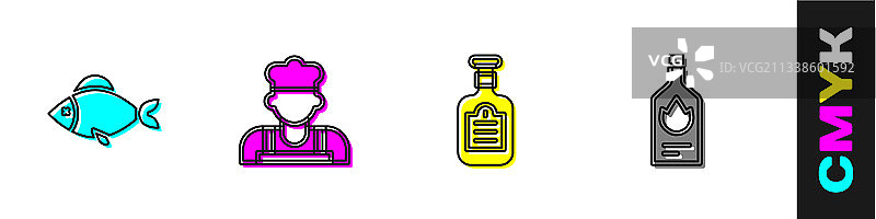 鱼、调料、酱油瓶和塔巴斯科辣椒酱套装图片素材