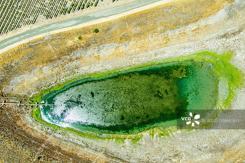 纳帕县葡萄园，加利福尼亚州航拍：干旱灌溉，水塘水库干涸，气候变化，水泵，卡内罗斯区图片素材