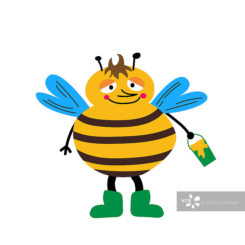 可爱的卡通蜜蜂抱着一桶蜂蜜图片素材
