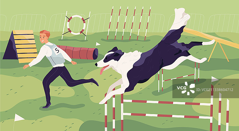 年轻的训犬员与活泼的狗狗玩耍图片素材