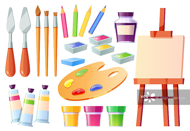艺术家工具：画笔、调色板、画架和颜料图片素材