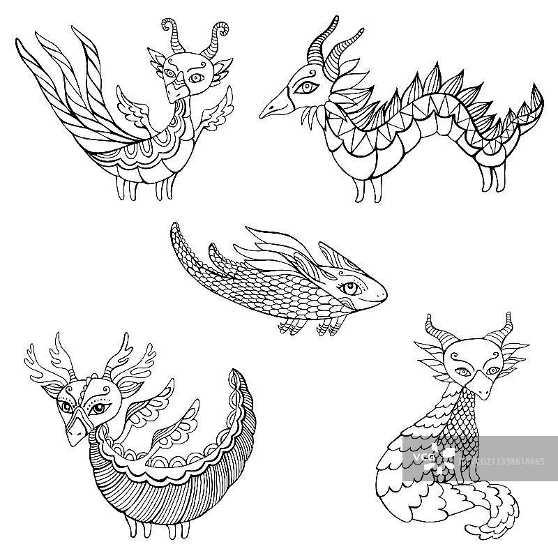 五条梦幻龙儿童涂色页合集图片素材