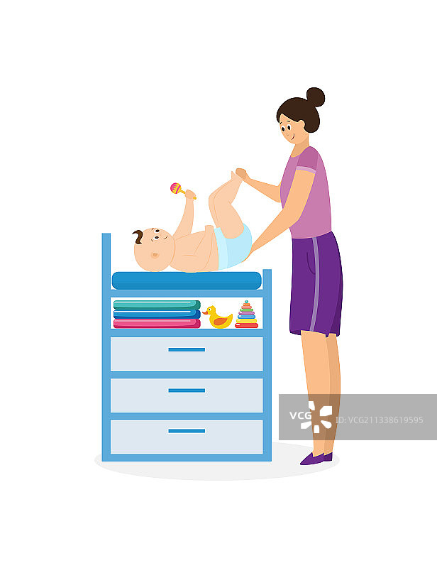 母亲给婴儿换尿布扁平风格图片素材