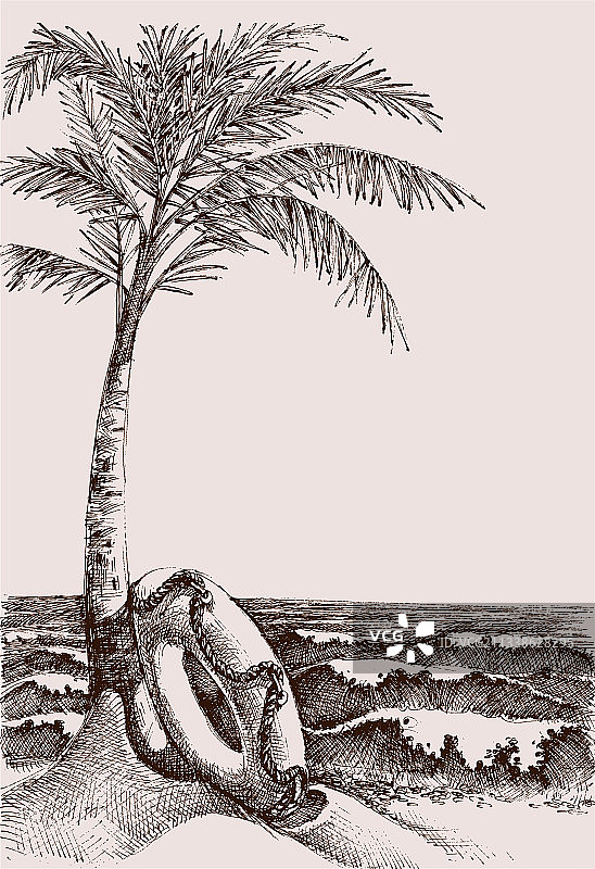 海滩场景和海景手绘棕榈树图片素材