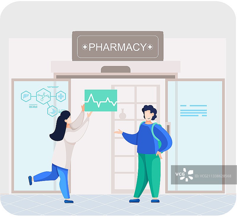 带有药剂师标志的药房与顾客交谈图片素材
