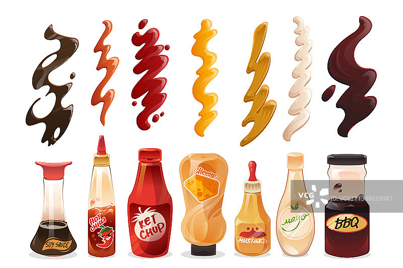 多种瓶装酱汁与泼洒图片素材