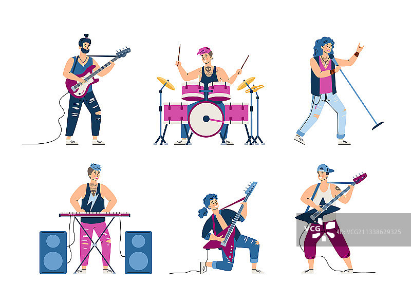 演奏乐器的摇滚音乐家扁平风格图片素材