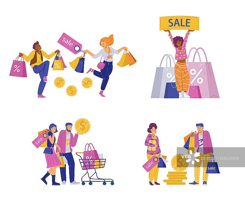 快乐的购物者，带着购物袋和平板购物车图片素材