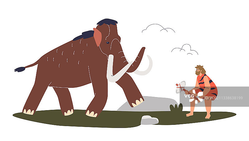 穴居猎人与猛犸象战斗的石器时代图片素材