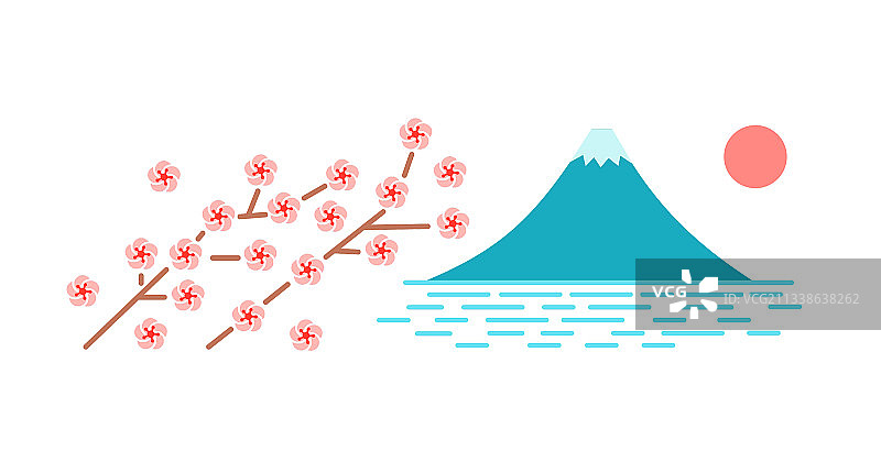 富士山和河口湖畔盛开的樱花，日本图片素材