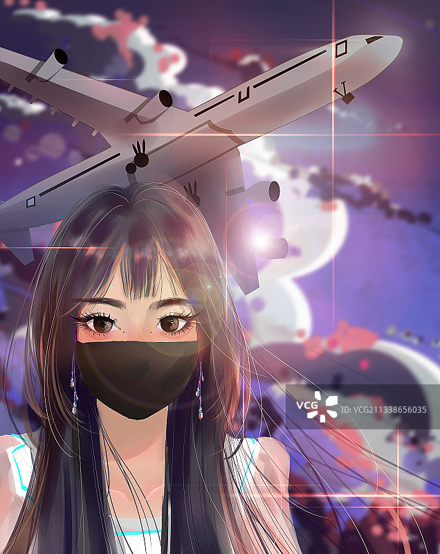 原创唯美旅行毕业季飞机背景美女美少女自拍正视户外晚霞天空插画图片素材