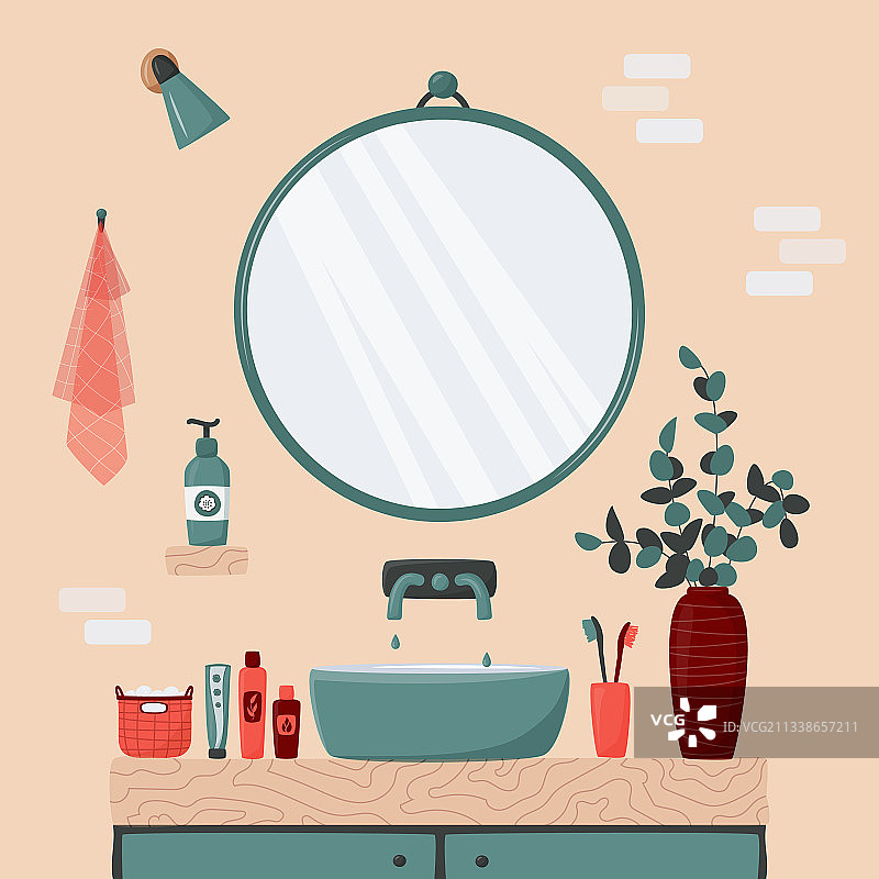 舒适的浴室内部：木质柜台上放着蓝色水槽图片素材