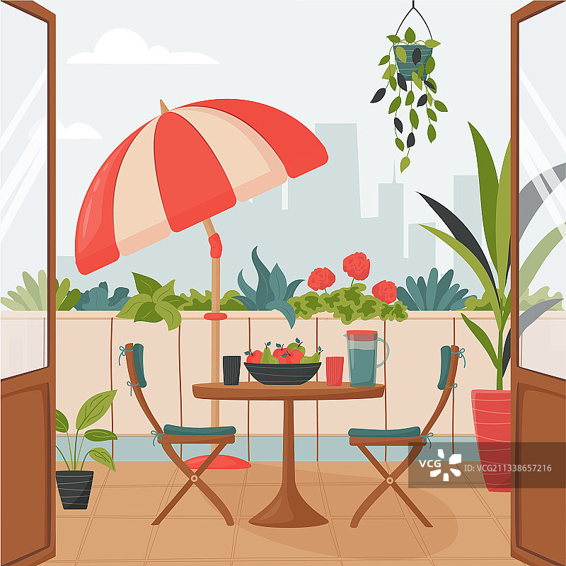 带有遮阳伞和小桌子的舒适夏季阳台图片素材