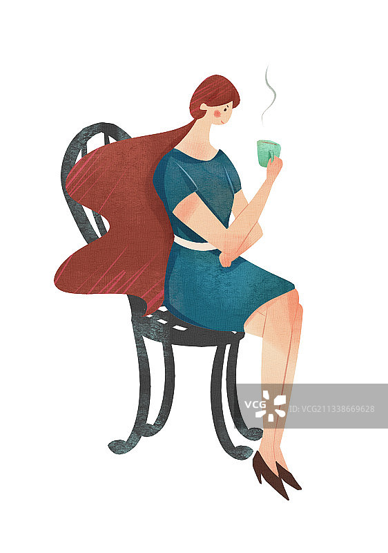 女性坐着喝咖啡插画元素图片素材