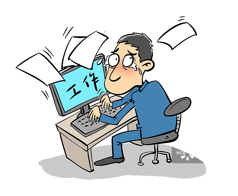 电脑前边工作边哭的员工图片素材