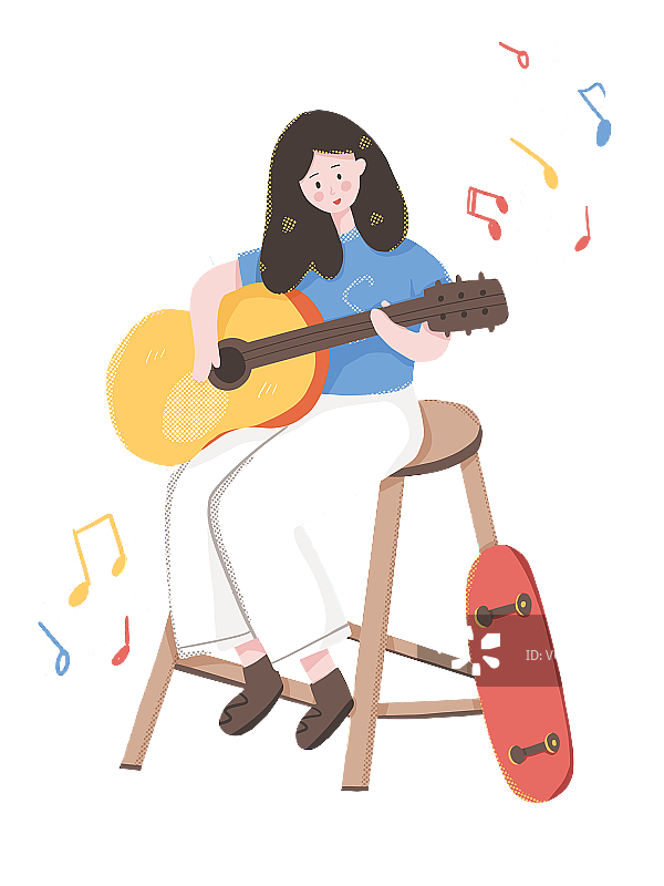 滑板少年坐在椅子上弹吉他唱歌图片素材