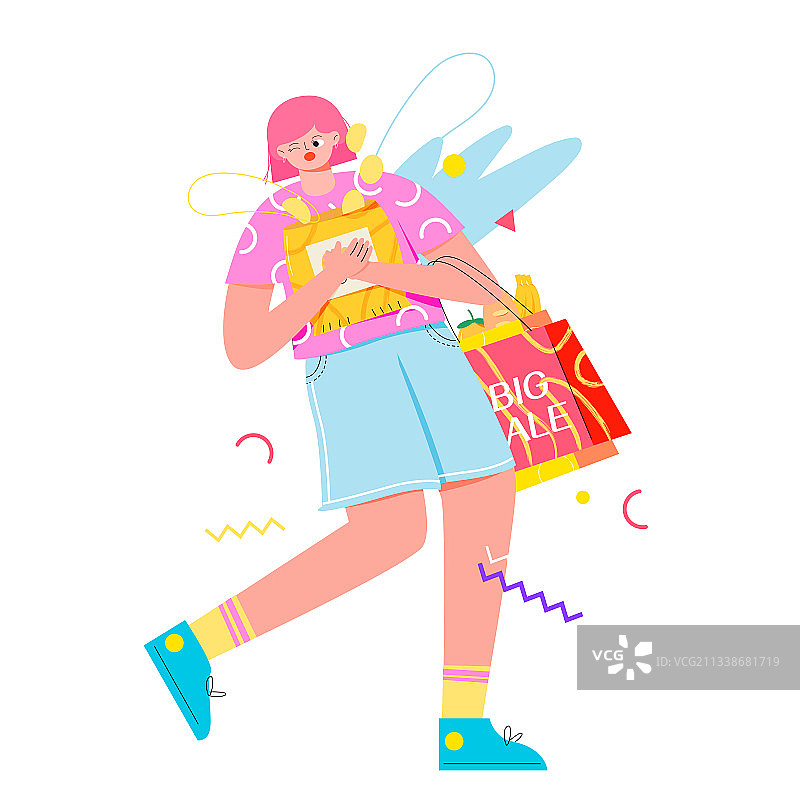 年轻女孩抱着食物促销矢量人物插画元素图片素材