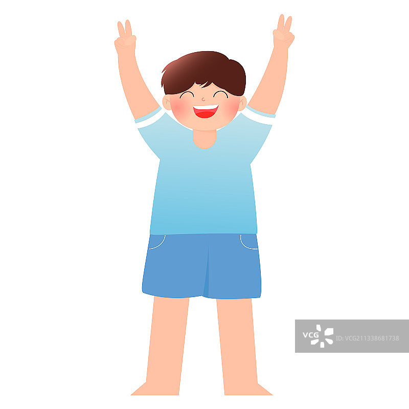 男孩开心双手比耶矢量人物插画元素图片素材