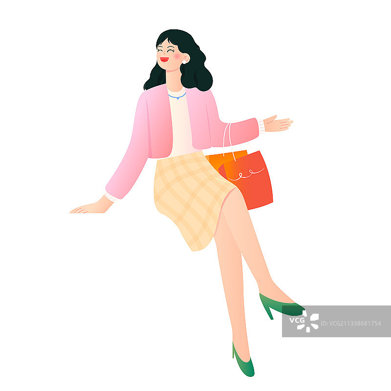 时尚女孩拿着购物袋坐着矢量人物插画元素图片素材
