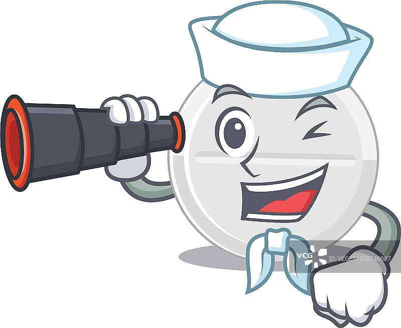 卡通形象：拿着双筒望远镜的药片水手图片素材