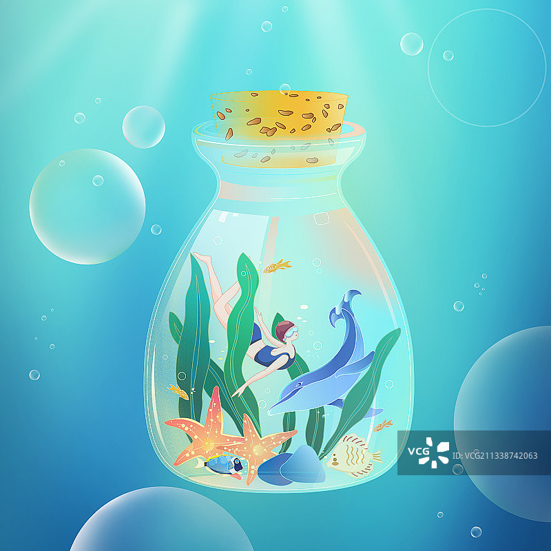 玻璃瓶内的微观海洋卡通图案图片素材