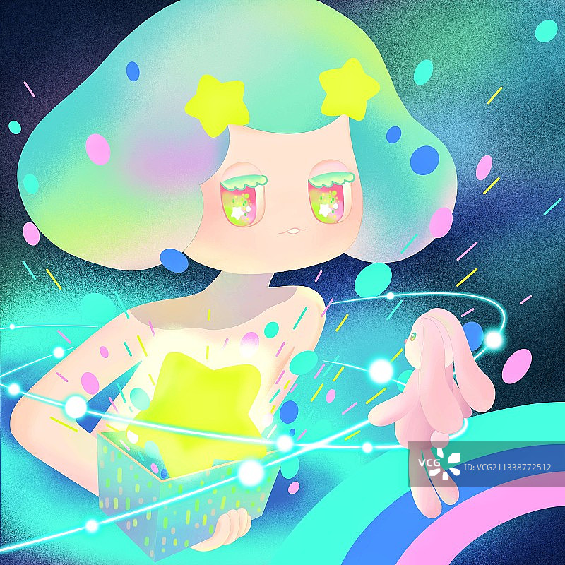 绚烂宇宙中的女孩和她的小兔子朋友图片素材