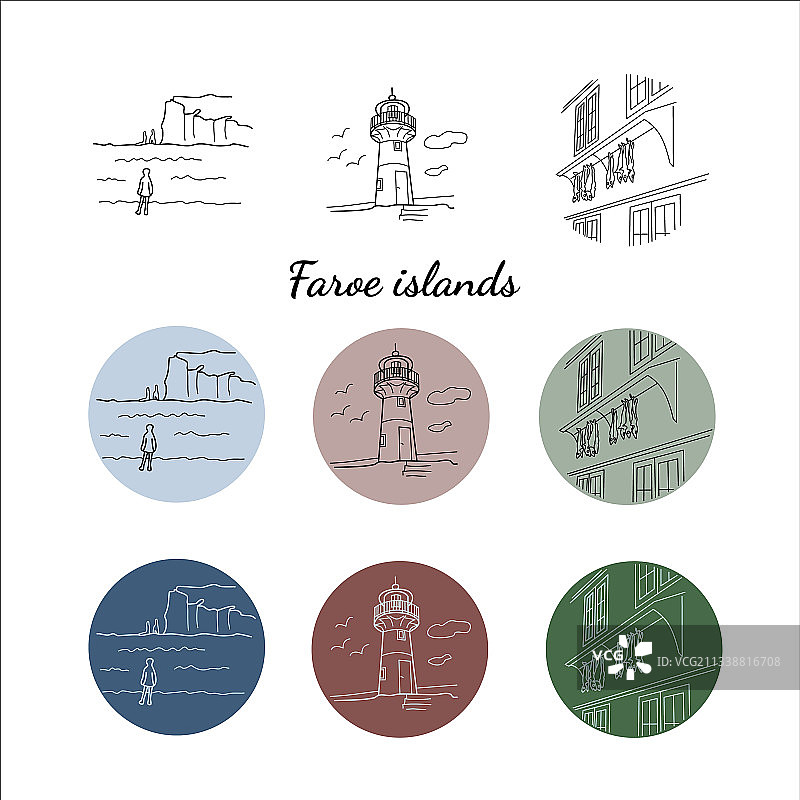 法罗群岛线性图标灯塔海洋图案合集图片素材