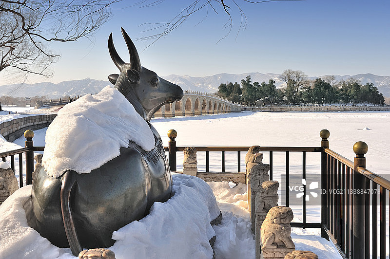 雪后颐和园里的铜牛与十七孔桥和南湖岛图片素材
