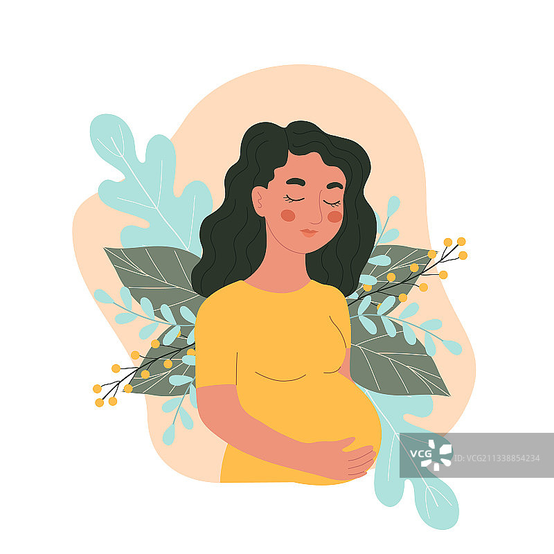 快乐的孕妇抱着肚子卡通图片素材