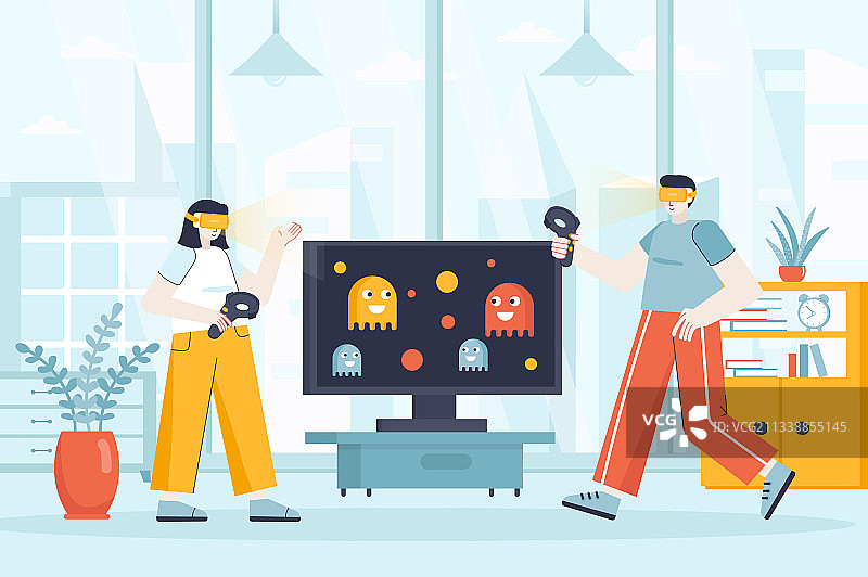 扁平化设计的虚拟现实概念情侣图片素材