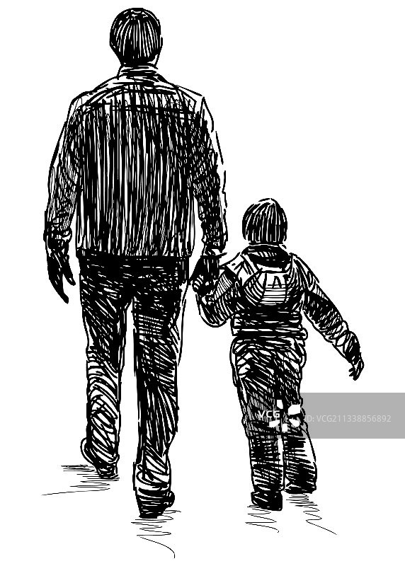 男人和他的小儿子走路草图图片素材