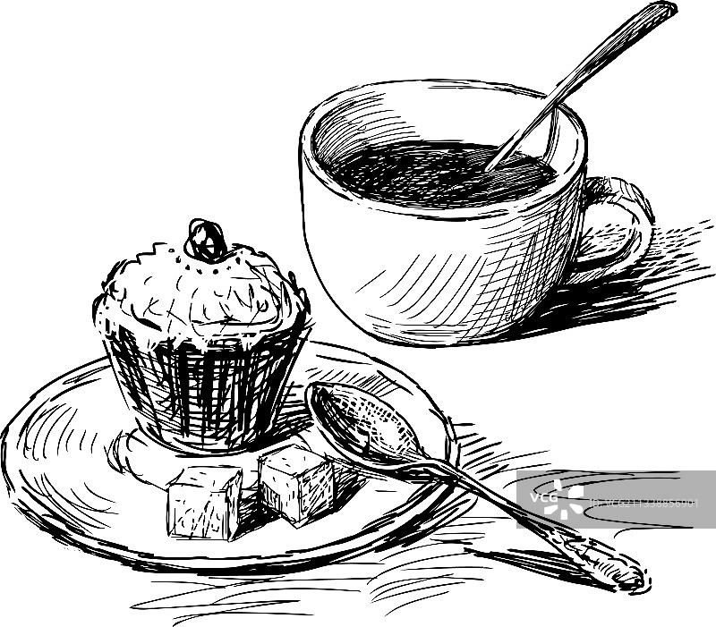咖啡杯、茶匙和纸杯蛋糕素描图片素材