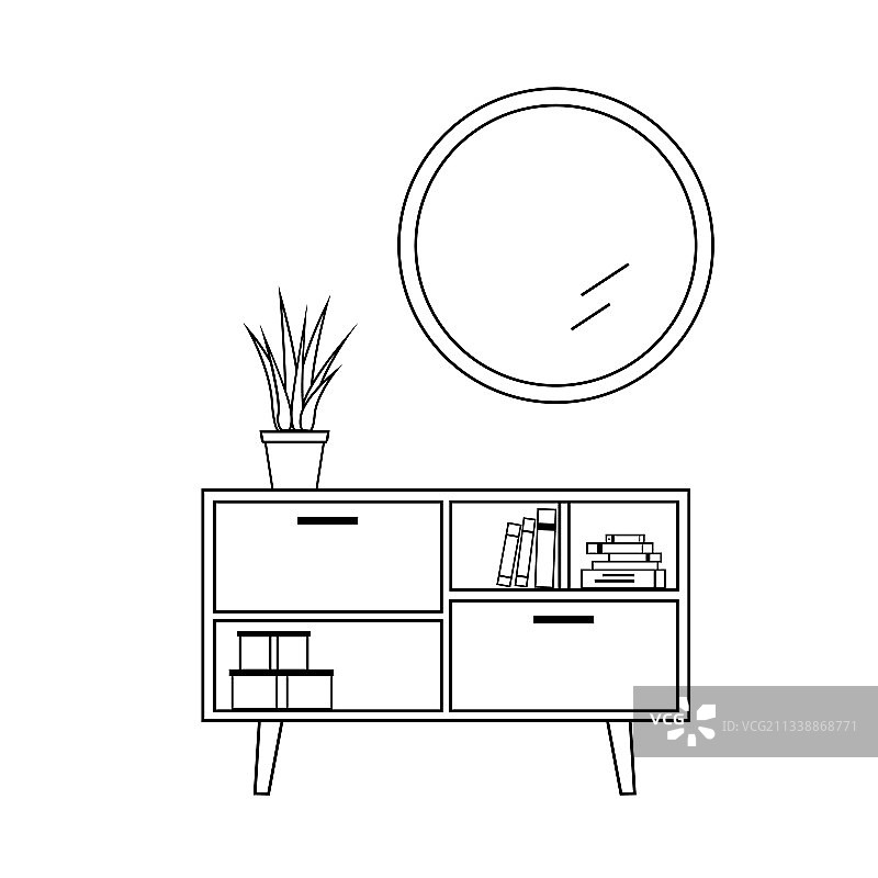 带有植物、书籍和镜子的抽屉柜图片素材