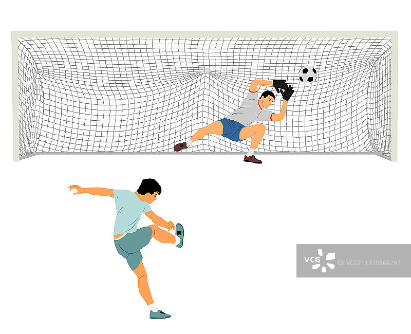 足球运动员踢球点球，对抗守门员图片素材