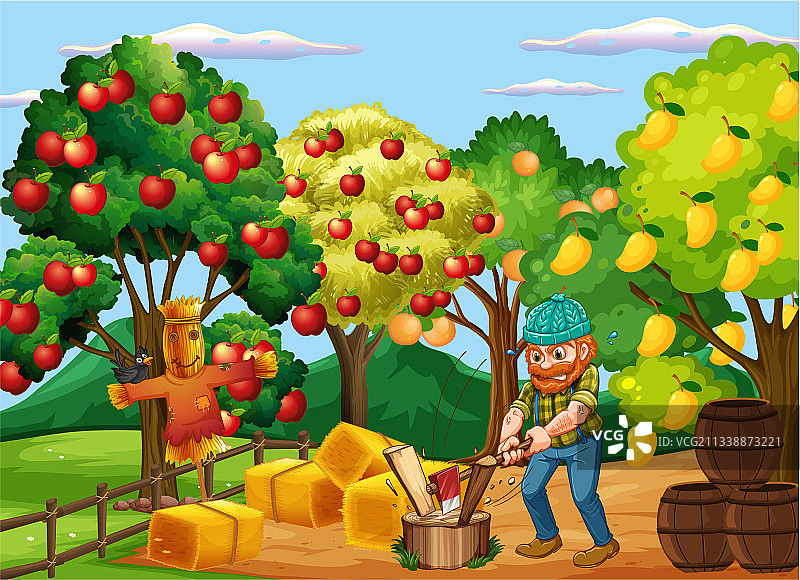 农民和许多果树的农场场景图片素材