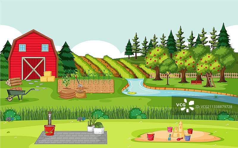 农田景观中的红色谷仓农场场景图片素材