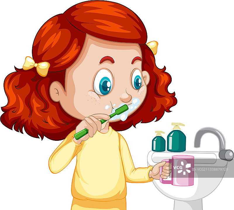 卡通女孩刷牙图片素材