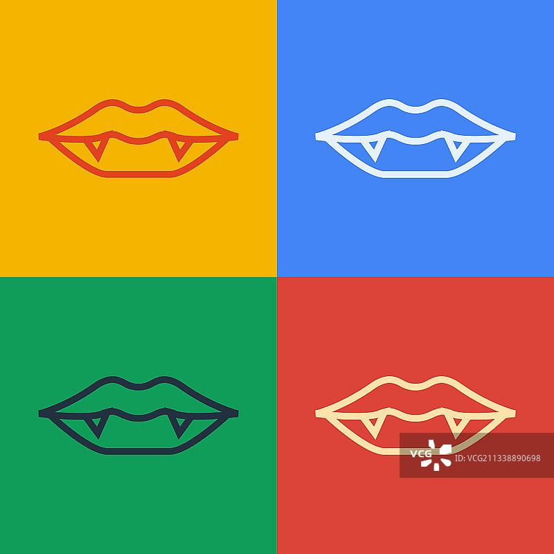 波普艺术线条：彩色背景上的吸血鬼牙齿图标图片素材