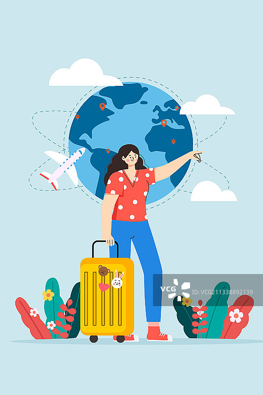 拉着行李箱去旅行的女孩矢量插画图片素材