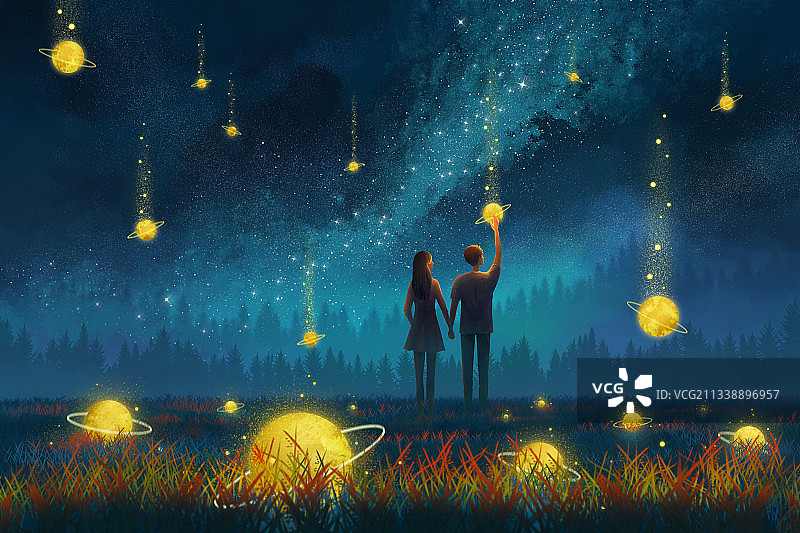 情侣伸手接住掉落的星球奇幻超现实插画图片素材