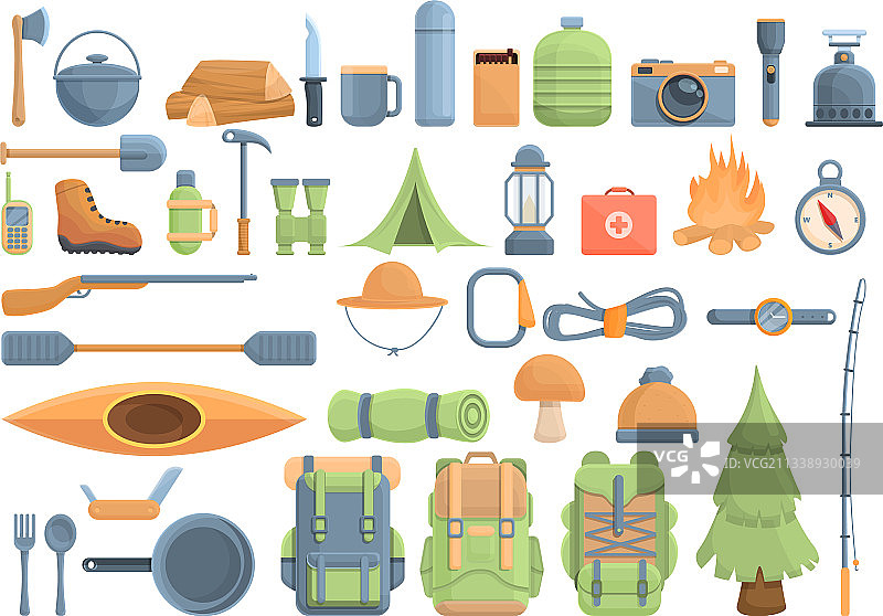 卡通风格的徒步旅行装备图标集图片素材