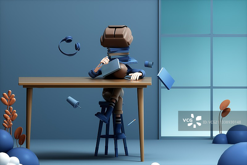 3D渲染的正在学习的卡通女孩图片素材