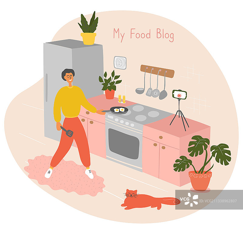 美食博主在厨房直播准备食物图片素材