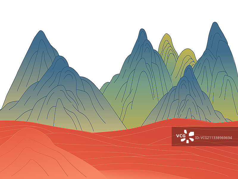 红色丘陵地形地貌山形线条插画图片素材