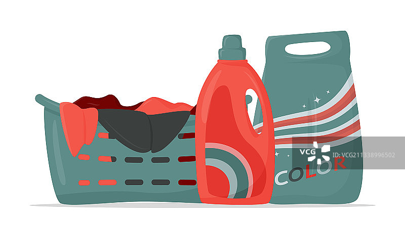 装有脏衣服和洗涤剂的洗衣篮图片素材