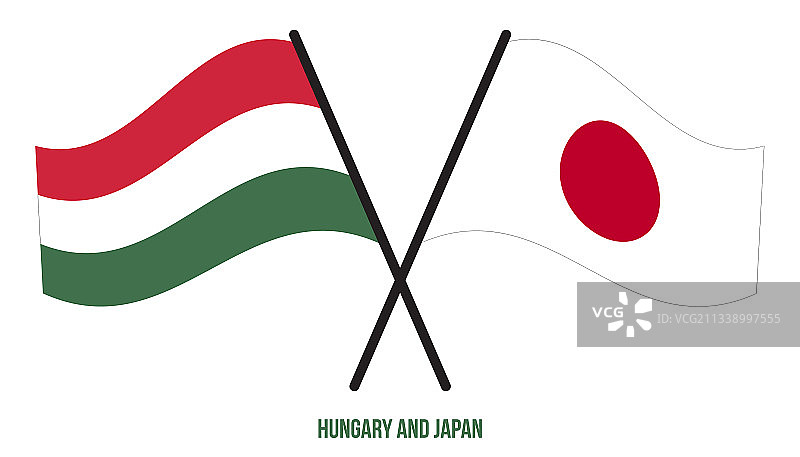 匈牙利和日本国旗交叉飘扬图片素材