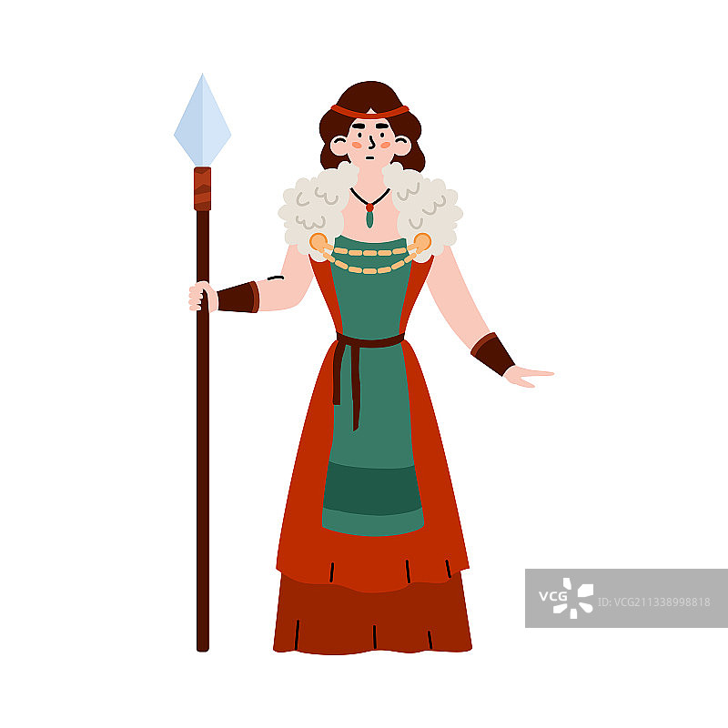 手持长矛的维京女战士（扁平风格）图片素材