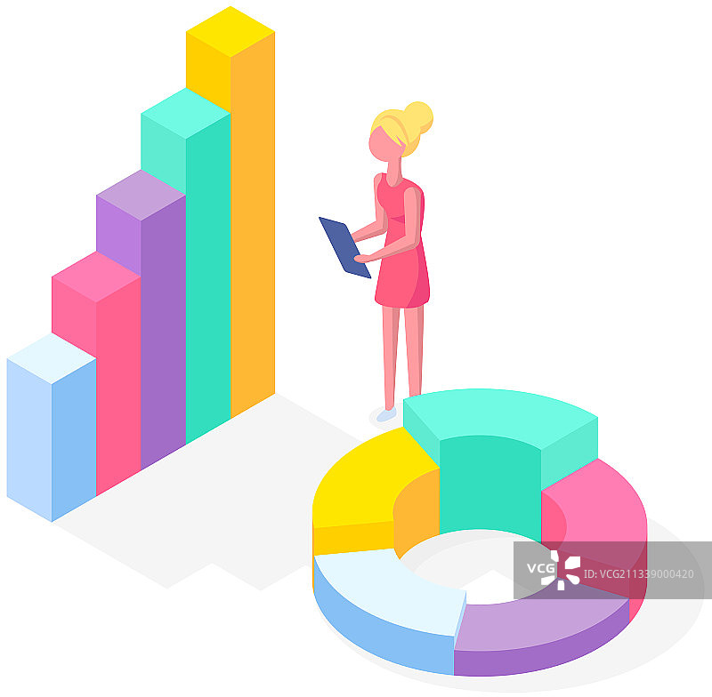 女人学习柱状图显示的统计数据图片素材