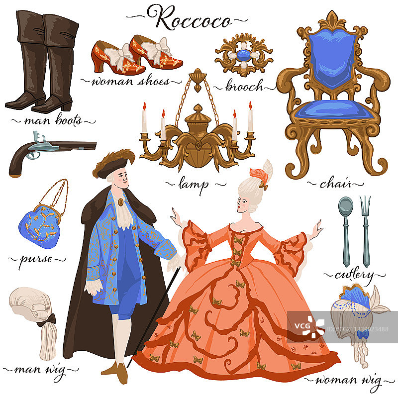 洛可可历史时期的服装和家具图片素材